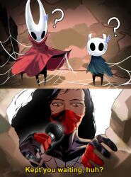  1other 2girls ? absurdres black_hair brown_eyes cloak crossover devovas highres holding holding_microphone hollow_knight hollow_knight:_silksong horned_mask hornet_(hollow_knight) knight_(hollow_knight) long_hair marvel mask microphone multiple_girls red_cloak silk silk_(marvel) spider-man_(series) spider_web spider_web_print superhero_costume sweatdrop white_mask 