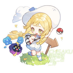  1girl :d bare_arms bare_shoulders blonde_hair blush boots braid chibi chibi_only chinese_commentary commentary_request cosmog dress full_body green_eyes hand_up hat ichisaku lillie_(pokemon) long_hair looking_at_another open_mouth poke_ball poke_ball_(basic) pokemon pokemon_(creature) pokemon_sm simple_background sleeveless sleeveless_dress smile standing standing_on_one_leg thick_eyebrows twin_braids white_background white_boots white_dress white_hat 