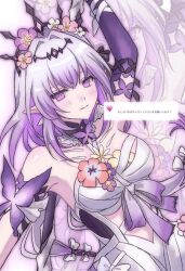  1girl arm_up bare_shoulders black_bow black_tiara blush bow breasts butterfly_earrings castorice_(honkai:_star_rail) choker closed_mouth commentary dress earrings elbow_gloves flower gloves hair_bow hair_flower hair_intakes hair_ornament highres honkai:_star_rail honkai_(series) jewelry l0ver_t_t long_hair looking_at_viewer medium_breasts pointy_ears purple_gloves purple_hair request_inset sidelocks simple_background solo strapless strapless_dress symbol-only_commentary tiara upper_body violet_eyes white_background white_dress zoom_layer 
