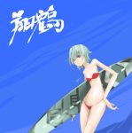  1girl bikini character_name flight_deck green_eyes green_hair hand_on_hip mecha_musume military nano original personification red_bikini short_hair shoukaku_(aircraft_carrier) signature solo surfboard swimsuit water world_war_ii 