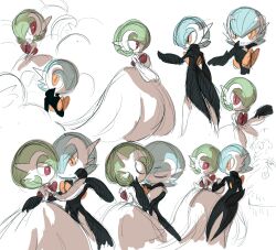  1boy 1girl alternate_color alternate_design alternate_hairstyle alternate_universe arm_behind_back ball_gown black_coat blue_hair bob_cut closed_eyes coat coattails colored_skin dancing dress english_commentary facing_another gardevoir green_hair hand_on_another&#039;s_shoulder hand_on_another&#039;s_waist heads_together highres holding_hands interlocked_fingers lampette looking_at_another mega_gardevoir multiple_views offering_hand outstretched_arm partially_colored pokemon pokemon_(creature) pokemon_focus red_eyes sexual_dimorphism shiny_and_normal shiny_pokemon sketch tailcoat tuxedo unfinished waltz_(dance) white_arm_warmers white_background white_dress white_skin 