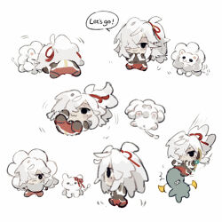  1boy :3 animal animalization black_eyes chibi chibi_only chinese_clothes hair_over_one_eye hair_ribbon highres honkai:_star_rail honkai_(series) jing_yuan lion long_hair male_focus mississipping multiple_views ponytail red_ribbon ribbon simple_background speech_bubble white_background white_hair 