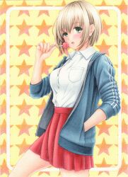  1girl blonde_hair blue_jacket blush border breast_pocket breasts button_gap candy collared_shirt commentary_request cowboy_shot food from_side green_eyes hand_up highres holding holding_candy holding_food holding_lollipop imminent_eating jacket lollipop long_sleeves looking_at_viewer midori_(mira567) miniskirt open_clothes open_jacket open_mouth original outside_border pleated_skirt pocket red_skirt school_uniform shirt shirt_tucked_in short_hair skirt sleeves_rolled_up solo standing star_(symbol) star_symbol_background track_jacket white_border white_shirt wing_collar yellow_background 