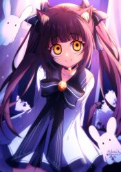  1girl absurdres aida24_7 animal_ears arms_behind_back black_bow black_hair black_sailor_collar blunt_bangs bow cat_ears cat_girl cat_tail character_request closed_mouth commentary copyright_request crazy_eyes dress english_commentary eyelashes hair_bow highres long_hair sailor_collar smile sparkle split_mouth tail tail_bow tail_ornament twintails white_dress yellow_eyes 