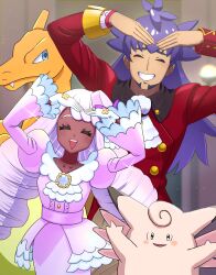  1boy 1girl :d arms_up ascot blurry blurry_background buttons charizard clefable closed_eyes collarbone commentary_request dark-skinned_female dark_skin dress dynamax_band eyelashes facial_hair facing_viewer gloves grin highres jacinthe_(pokemon) jacket leon_(pokemon) long_hair long_sleeves matatabi_yoshizou open_mouth pants pokemon pokemon_(creature) pokemon_legends:_z-a pokemon_swsh purple_hair red_jacket smile tailcoat teeth twintails upper_teeth_only white_ascot white_gloves 