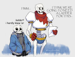  2025 2boys 2d armor artist_name blue_jacket blue_shorts brothers cape comic comic_sans commentary cowboy_shot digital_media duo english_commentary english_text gloves grey_hood grey_sweater hand_on_own_hip hands_in_pockets height_difference holding holding_paper hood hood_down hooded_jacket humanoid jacket male male_focus male_only mewpet monster monster_boy multiple_boys open_clothes open_jacket paper papyrus_(font) papyrus_(undertale) red_cape red_gloves sans_(undertale) segmented_comic shorts siblings skeleton sweater teeth text undead undertale utdr_(toby_fox) white_armor 