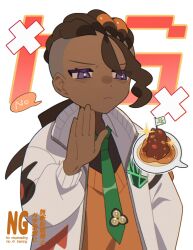  1boy ame_akira black_hair brown_hair closed_mouth collared_shirt croissant curry dark-skinned_male dark_skin food frown green_necktie hand_up highres jacket long_hair long_sleeves male_focus naveen_(pokemon) necktie no open_clothes open_jacket orange_vest plate pokemon pokemon_legends:_z-a shirt speech_bubble upper_body vest violet_eyes white_jacket x_(symbol) 
