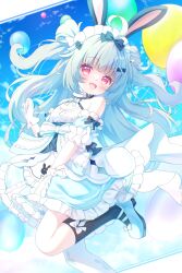  1girl :d animal_ears asymmetrical_legwear balloon bare_shoulders black_bow black_socks blue_background blue_bow blue_bowtie blue_dress blue_hair blue_shoes blue_sleeves blush bow bow_legwear bowtie character_request chinese_commentary commentary_request copyright_request detached_sleeves dress foot_out_of_frame footwear_bow frilled_dress frilled_sleeves frills gloves hair_bow hand_up highres leg_up long_hair looking_at_viewer maid_headdress mismatched_legwear open_mouth rabbit_ears rabbit_girl red_eyes shoes short_sleeves single_sock single_thighhigh sleeve_bow sleeveless sleeveless_dress smile socks solo standing standing_on_one_leg thigh-highs two_side_up uneven_legwear virtual_youtuber white_bow white_gloves white_thighhighs yottacc 