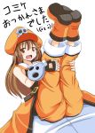  1girl boots brown_hair fingerless_gloves gloves guilty_gear guilty_gear_xrd hat legs_up long_hair may_(guilty_gear) orange_eyes pants_rolled_up pirate_hat ponkotsu-man skull skull_and_crossbones smile solo translation_request 