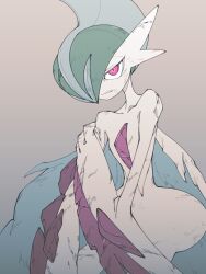  1other after_battle arm_at_side arm_blade battle_damage broken broken_weapon cape colored_skin cracked_armor cracked_skin defeat dirty dirty_face facing_to_the_side gallade green_hair grey_background grimace hand_on_own_arm highres holding_own_arm injury looking_at_viewer mega_gallade mohawk pokemon pokemon_(creature) pokemon_focus red_eyes solo torn_cape torn_clothes umi-be-to upper_body weapon white_cape white_skin wide_hips 