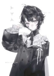  1girl absurdres androgynous black_coat black_hair coat frilled_sleeves frills grey_hair hair_between_eyes heilanshuimuchu highres long_sleeves looking_at_viewer original short_hair simple_background sleeves_past_wrists solo white_background 