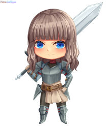  1girl absurdres armor armored_boots artist_name belt black_pants blue_eyes blunt_bangs blush boobplate boots breastplate brown_belt brown_gloves brown_hair chibi closed_mouth commission commissioner_upload full_body gloves greatsword greaves hand_on_own_hip highres holding holding_sword holding_weapon long_hair looking_at_viewer lori_hagami official_art over_shoulder pants pauldrons reyanna_ryger shoulder_armor simple_background smile solo standing sword sword_over_shoulder ways_of_darkness_(series) weapon weapon_over_shoulder white_background 
