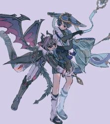  2boys armor belt black_belt black_bodysuit black_boots black_bow black_bridal_gauntlets black_coat black_hair black_horns black_sandals black_shorts black_sleeves black_tail blue_cape blue_hat blue_kimono blue_sleeves blunt_ends blush bodysuit boots bow bridal_gauntlets bright_pupils cape clenched_hand coat crystal dragon_boy dragon_horns dragon_tail dragon_wings facial_mark feathers foot_up forehead_mark full_body furisode gem genshin_impact gloves gold hakama hakama_shorts hat heart heart_tail highres horns hug hug_from_behind japanese_armor japanese_clothes jingasa juban kimono knee_boots kote kurokote layered_sleeves leg_warmers long_sleeves looking_at_viewer low_wings mano_062 mini_durin_(genshin_impact) mini_durin_(human)_(genshin_impact) multiple_boys o-ring open_clothes open_hand open_kimono outstretched_arm pants parted_lips pink_wings pleated_shorts pom_pom_(clothes) pouncing purple_background purple_hair purple_rope purple_vest red_eyes red_gemstone rope sandals scaramouche_(genshin_impact) short_sleeves shorts slit_pupils smile spiked_tail spiked_wings standing sweatdrop tail tassel toeless_legwear vest violet_eyes wanderer_(genshin_impact) white_gloves white_kimono white_leg_warmers white_mouth white_pants white_pupils white_sleeves wings wispy_bangs yellow_feathers zouri 