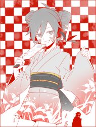  1boy 1girl aaniko alternate_costume alternate_hairstyle checkered_background commentary_request cowboy_shot double_bun ene_(kagerou_project) facial_mark gradient_clothes gradient_kimono hagoita hair_between_eyes hair_bun holding japanese_clothes kagerou_project kimono kisaragi_shintarou leaf_print long_sleeves looking_at_viewer obi paddle partially_colored print_kimono red_background sash short_hair shuttlecock sleeves_past_wrists solo_focus standing white_background 