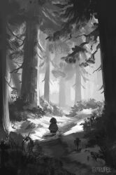  1other 2025 2d ambiguous_gender ankle_boots artist_name boots child commentary digital_media double_horizontal_stripe english_commentary flower flowey_(undertale) forest frisk_(undertale) greyscale holding holding_stick horizontal-striped_clothes human inktober mewpet monochrome nature other_focus outdoors plant scenery short_hair shorts stick striped_clothes striped_sweater sweater tree two-tone_sweater undertale utdr_(toby_fox) wide_shot 