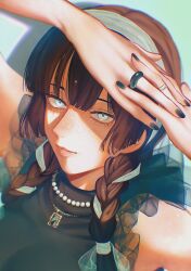  1girl aqua_background aqua_eyes aqua_hairband aqua_ribbon arms_up black_nails braid brown_hair commentary_request fingernails hair_ribbon hairband highres jewelry kantai_collection looking_at_viewer mogador_(kancolle) necklace oucha_(aupt31) own_hands_together pearl_necklace portrait ribbon smile solo twin_braids upper_body 