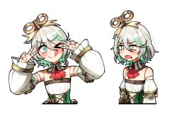  &gt;_o 1girl ;q ascot bare_shoulders blush cecilia_immergreen cecilia_immergreen_(1st_costume) cropped_torso ddolbang detached_sleeves disgust doll_joints double_v frown green_eyes green_hair grey_hair highres hololive hololive_english joints multicolored_hair multiple_views one_eye_closed red_ascot short_hair smile tongue tongue_out transparent_background two-tone_hair v v-shaped_eyebrows virtual_youtuber winding_key 