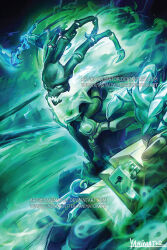  1boy artist_name english_commentary fire ghost green_fire holding holding_weapon kevin_yan league_of_legends lock male_focus solo thresh_(league_of_legends) upper_body watermark weapon 