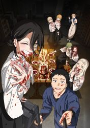  2boys 6+girls absurdres black_dress black_hair blonde_hair blush brown_hair casket character_request coffin cosplay dress fake_blood gojou_wakana green_hair highres kitagawa_marin long_hair multiple_boys multiple_girls nun official_alternate_costume official_art one_eye_closed scared selfie short_hair sono_bisque_doll_wa_koi_wo_suru 