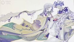  1girl absurdres artist_logo bare_shoulders bird colored_fingertips crane_(animal) eyeshadow flower grey_eyes grey_hair hair_over_shoulder half-closed_eyes highres holding holding_paintbrush holding_scroll japanese_clothes kimono kimono_pull layered_kimono logo long_hair lotus makeup no_pupils original paintbrush painting_(action) purple_eyeshadow scroll shiguretau sidelocks sitting solo swept_bangs thick_thighs thighs twitter_username very_long_hair wide_sleeves 