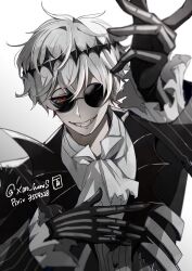  1boy ascot black_crown black_gloves colored_skin crown formal_clothes gloves halloween highres humanization jacket kayanoki_danro long_sleeves looking_at_viewer male_focus pinstripe_pattern pinstripe_suit pixiv_username red_eyes round_eyewear shirt short_hair skeleton skeleton_print skully_j._graves smile smirk solo stitches striped_clothes striped_jacket suit the_nightmare_before_christmas twisted_wonderland twitter_username white_background white_hair white_shirt white_skin 