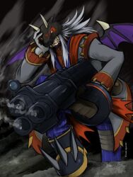  1boy assault_rifle astamon black_background black_wings coat demon_boy demon_horns demon_wings digimon digimon_(creature) grey_coat grey_hair gun holding holding_gun holding_weapon horns long_hair mas_square parted_lips purple_wings rifle smirk solo weapon wings 