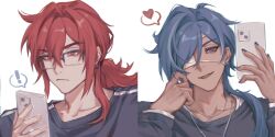  ! 2boys arms_up bespectacled bh495 black_nails black_shirt blue_eyes cellphone closed_mouth collarbone crew_neck dark-skinned_male dark_skin diluc_(genshin_impact) earrings eyepatch fingernails genshin_impact glasses hair_behind_ear hashtag-only_commentary head_rest heart highres holding holding_phone jewelry kaeya_(genshin_impact) layered_clothes layered_sleeves looking_at_phone male_focus medical_eyepatch multiple_boys nail_polish one_eye_covered parted_bangs parted_hair parted_lips phone piercing ponytail rectangular_eyewear red_eyes red_hair semi-rimless_eyewear shirt simple_background smile solo speech_bubble spoken_heart t-shirt white_background white_shirt 