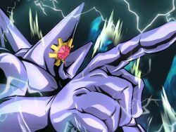  aura broly_(dragon_ball_z) colored_skin dragon_ball dragon_ball_z electricity gem highres m_s_paragus mega_pokemon mega_starmie movie_reference muscular no_eyes no_humans parody pointing pokemon pokemon_(creature) pokemon_focus pokemon_legends:_z-a purple_skin red_gemstone scene_reference shiny_skin solo starmie 