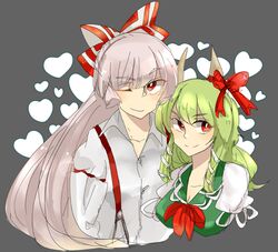  2girls bust ex-keine fujiwara_no_mokou green_hair hair_ribbon heart heart_background horn_ribbon horns kamishirasawa_keine long_hair multiple_girls red_eyes ribbon silver_hair simple_background tohobiyori touhou wink 