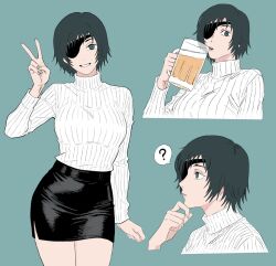  1girl ? beer_mug black_eyes black_hair breasts chainsaw_man commentary cup eyepatch hashtag-only_commentary himeno_(chainsaw_man) holding holding_cup medium_breasts miniskirt mug pencil_skirt ribbed_sweater side_slit skirt smile spoken_question_mark sweater turtleneck turtleneck_sweater v virtuware 