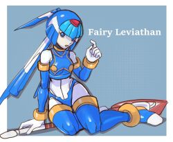  1girl android armor blue_armor blue_background blue_eyes blue_helmet border character_name fairy_leviathan_(mega_man) forehead_jewel full_body helmet mega_man_(series) mega_man_zero_(series) polearm raica_(khongbautroi) simple_background solo spear weapon white_border 