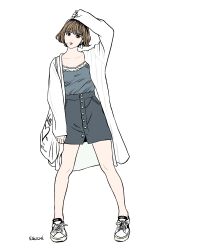  1girl absurdres aqua_nails arm_up bag bare_legs blue_camisole brown_eyes brown_hair camisole collarbone earrings eguchi_hisashi eyelashes full_body grey_skirt head_tilt highres holding holding_bag jewelry legs_apart long_sleeves looking_at_viewer original parted_lips pigeon-toed pink_lips shoes short_hair signature simple_background skirt sleeves_past_wrists sneakers solo standing tote_bag white_background white_bag white_shoes 