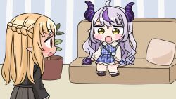  2girls :d ahoge bag black_shirt black_shoes blonde_hair blue_dress blush_stickers braid braided_bangs brown_eyes cellphone chibi collared_shirt couch demon_horns dress elf grey_dress highres holding holding_phone hololive horns indoors la+_darknesss long_hair long_sleeves mochimiko multicolored_hair multiple_girls on_couch phone pillow plaid_clothes plaid_dress plant pleated_dress pointy_ears potted_plant puffy_long_sleeves puffy_sleeves purple_hair red_eyes shiranui_flare shiranui_flare_(street) shirt shoes shoulder_bag sitting small_sweatdrop smile streaked_hair striped_clothes striped_dress sweat vertical-striped_clothes vertical-striped_dress very_long_hair virtual_youtuber white_shirt 