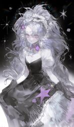  1girl absurdres black_background black_dress black_gloves breasts dress earrings elbow_gloves gem gloves hair_ornament heilanshuimuchu highres jewelry long_hair looking_at_viewer original puffy_short_sleeves puffy_sleeves purple_hair short_sleeves simple_background small_breasts solo star_(symbol) swept_bangs 