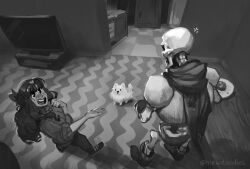  1boy 1girl 2025 2d anger_vein animal annoying_dog armor artist_name artist_self-insert boots bow cape commentary digital_media dog english_commentary female floor from_above full_body gloves greyscale hair_bow human humanoid in-universe_location inktober kitchen long_hair male mewpet monochrome monster monster_boy original original_character pants papyrus_(undertale) red_cape shorts skeleton standing sweater table teeth television trio undead undertale utdr_(toby_fox) 