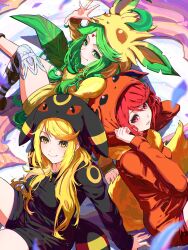  3girls blonde_hair circlet commission cosplay flareon flareon_(cosplay) green_eyes green_hair highres kid_icarus kid_icarus_uprising leafeon leafeon_(cosplay) looking_at_viewer milo_monzon multiple_girls mythra_(xenoblade) palutena pokemon pyra_(xenoblade) red_eyes red_hair single_thighhigh super_smash_bros. thigh-highs umbreon umbreon_(cosplay) white_thighhighs xenoblade_chronicles_(series) xenoblade_chronicles_2 yellow_eyes 