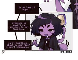  1girl arrow_(symbol) arthropod_girl artist_name black_eyes black_pajamas black_sclera bob_cut brushing_hair brushing_teeth colored_sclera colored_skin english_text extra_arms extra_eyes hair_brush highres holding holding_brush holding_toothbrush messy_hair muffet ny_000a pajamas purple_skin purple_trim short_hair_with_long_locks sleepy speech_bubble spider_girl tearing_up toothbrush toothpaste undertale utdr_(toby_fox) waking_up white_background 