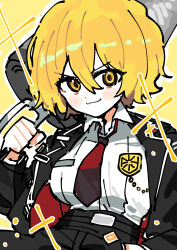  1girl black_jacket black_pants blonde_hair breasts don_quixote_(project_moon) hair_between_eyes highres holding holding_polearm holding_weapon jacket lance large_breasts limbus_company medium_hair necktie pants pinch_(nesume) polearm project_moon red_necktie shirt solo weapon white_shirt yellow_eyes 
