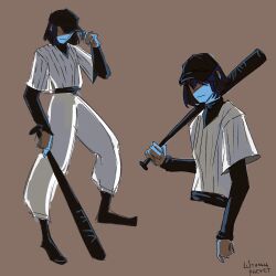 1:1 1other 2025 2d ambiguous_gender artist_name baseball_bat baseball_cap baseball_uniform black_hat blue_hair blue_skin brown_background colored_skin cropped_torso deltarune digital_media full_body hair_over_eyes hat highres holding_baseball_bat human kris_(dark_world)_(deltarune) kris_(deltarune) multiple_views off_(game) other_focus pants shirt short_hair simple_background solo stollze the_batter_(off)_(cosplay) utdr_(toby_fox) white_pants white_shirt