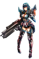  1girl android armor assault_rifle black_hair boots breasts full_body glowing_trim gun hand_up highres hip_armor holding holding_gun holding_weapon joints leg_armor lisa_(pso2) long_hair mecha_musume medium_breasts metal_hair phantasy_star phantasy_star_online_2 red_eyes red_trim rifle robot_joints shoulder_armor sidelocks simple_background smile solo standing sushi_(sashimise) thigh-highs thigh_boots weapon white_background 