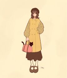  1girl bag beret black_cat black_hair black_hat black_skirt blending brown_eyes cat coat grey_shoes hand_in_pocket hat highres holding holding_bag long_hair long_sleeves original pink_background pink_bag puffy_long_sleeves puffy_sleeves second-party_source shoes signature simple_background skirt smile solo syooooyoooo yellow_coat 