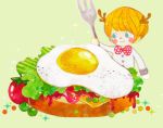  1boy blue_eyes bowtie bread cheese egg food fork green_background haruki9922 horns lettuce miniboy original peas smile solo sunny_side_up_egg tomato 