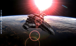  3d advanced_ship_(eve_online) amarr_empire_(eve_online) artist_name battlecruiser_(eve_online) clouds combat_ship_(eve_online) command_ship_(eve_online) commentary dated dated_commentary english_commentary english_text eve_online highres in_orbit khanid_kingdom_(eve_online) lens_flare military_vehicle no_humans outdoors planet prophecy_(eve_online) realistic science_fiction space spacecraft star_(sky) sunburst support_ship_(eve_online) tech_2_ship_(eve_online) vankaiser vehicle_focus 