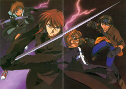  4boys absurdres black_hair blue_eyes brown_eyes brown_hair claw_(weapon) coat crossbow fujimiya_ran gloves goggles goggles_on_head hidaka_ken highres holding holding_crossbow holding_sword holding_weapon hood hoodie jacket katana kudou_youji long_coat long_hair looking_at_viewer magazine_scan male_focus multiple_boys non-web_source official_art open_mouth red_hair scan shirt shoes smile standing sunglasses sword tsukiyono_omi weapon weiss_kreuz 