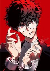  1boy amamiya_ren black_hair black_jacket bruise bruise_on_face crack cracked_glass cuffs glasses hair_between_eyes handcuffs highres injury jacket light_smile looking_at_viewer male_focus persona persona_5 red_background red_eyes school_uniform shirt short_hair shuujin_academy_school_uniform simple_background smile sweater turtleneck white_shirt white_sweater yoteh 