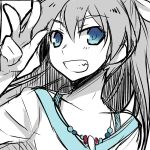  1girl blue_eyes bust ganaha_hibiki grin idolmaster jewelry long_hair looking_at_viewer monochrome necklace smile solo spot_color tamura_hiro 