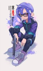  1boy black-framed_eyewear black_jacket closed_mouth commentary cross-laced_shoes english_commentary eyebrow_cut full_body glasses gun highres holding holding_gun holding_weapon jacket jinkoika light_frown long_hair male_focus n-zap_(splatoon) octoling octoling_boy octoling_player_character pink_eyes purple_shoes shoes sitting solo splatoon_(series) splatoon_3 tentacle_hair v-shaped_eyebrows watermark weapon 