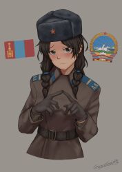  1girl absurdres artist_name belt black_hair black_hat blush braid brown_coat brown_eyes brown_gloves coat cold_war collar_tabs english_commentary gloves green_belt green_shirt grey_background grzegorz1996 hat highres index_fingers_together long_hair looking_at_viewer military military_uniform mongolia mongolian_flag mongolian_people's_army original shirt shoulder_boards signature simple_background soldier solo twin_braids upper_body ushanka 