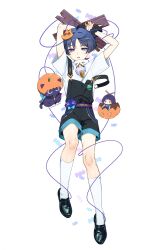  1boy absurdres animalization arms_behind_head belt black_hair black_overalls black_shoes blunt_ends bright_pupils candy casual cat character_doll choppy_bangs contemporary doll eyeliner eyeshadow feathers fingernails food from_above full_body fur_wrist_cuffs gem genshin_impact gold gold_trim green_gemstone hag_(hag_015) halloween halloween_costume highres kneehighs light_blush looking_at_viewer lying makeup male_focus marionette marionette_controller official_alternate_costume on_back open_mouth overalls parted_bangs person_and_animalization pom_pom_(clothes) pumpkin_hat puppet puppet_strings purple_belt purple_cat red_eyeliner red_eyeshadow scaramouche_(cat)_(genshin_impact) scaramouche_(genshin_impact) shirt shoes short_sleeves socks solo strap_slip sweatdrop tsurime twitter_username violet_eyes vision_(genshin_impact) wanderer_(genshin_impact) white_background white_pupils white_shirt white_sleeves white_socks wrist_cuffs yellow_feathers 