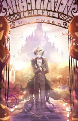  1boy black_crown black_gloves closed_eyes crown diamond_hairband formal_clothes gloves happy_halloween highres imoko_331 intangible jacket long_sleeves looking_at_viewer male_focus pinstripe_jacket pinstripe_pattern pinstripe_suit pinstripe_vest round_eyewear short_hair skeleton skeleton_print skully_j._graves smile solo stitches striped_clothes striped_jacket striped_vest suit sunrise twisted_wonderland vertical-striped_clothes vertical-striped_jacket vertical-striped_vest vest white_hair 